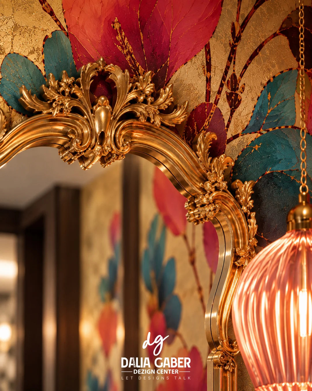 Ornate gilded mirror and floral mosaic wall
