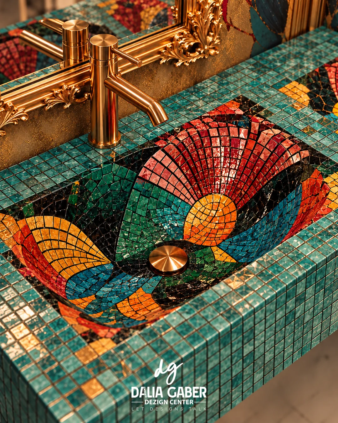 Handcrafted floral mosaic basin with brass fittings
